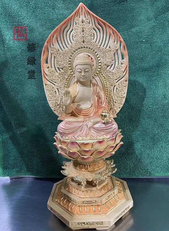 【修縁堂】彩繪 瑠璃光薬師仏 仏師手工精彫り 木彫仏像 極上品 仏教工芸品