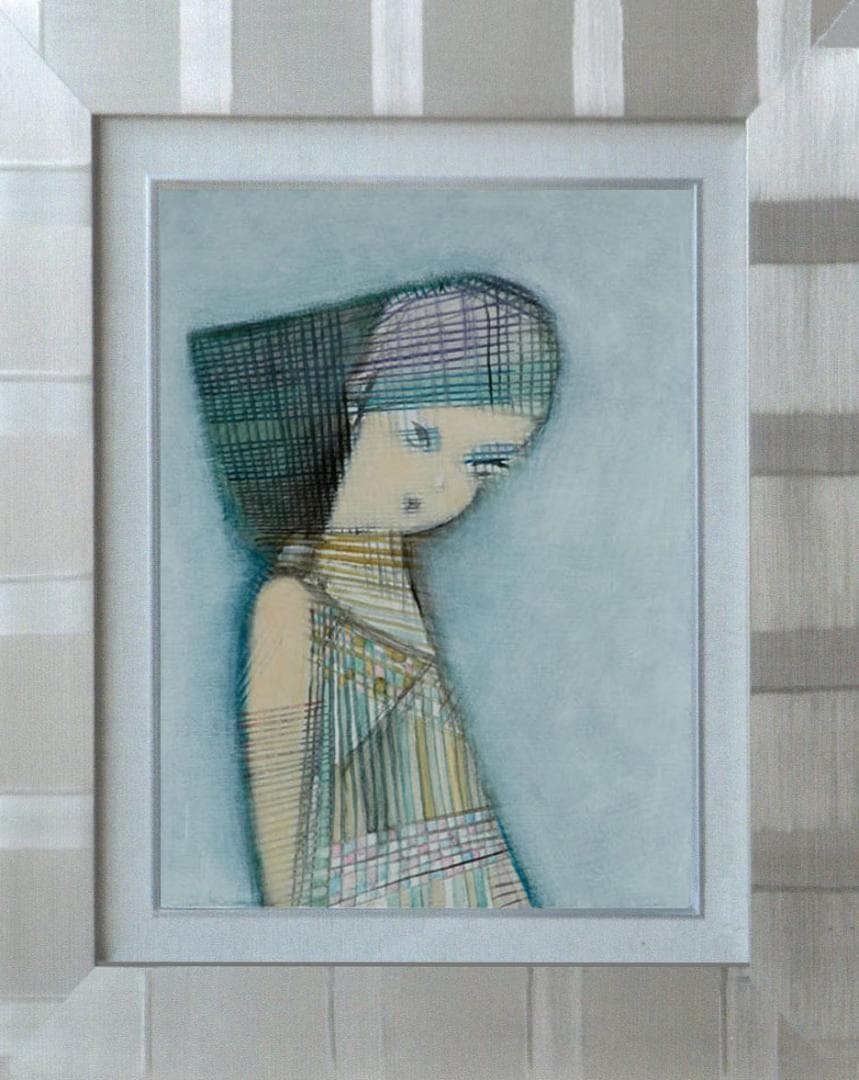 油絵 菅家令子 絵 絵画インテリア額付(青緑＋金色の枠) F4-071312女性