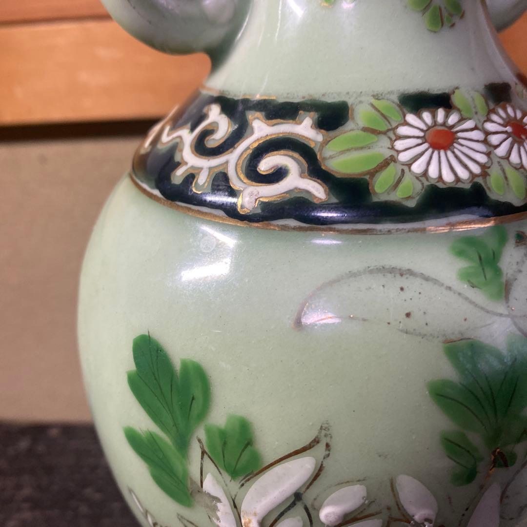 龍耳付色絵青磁花瓶　【作名有】