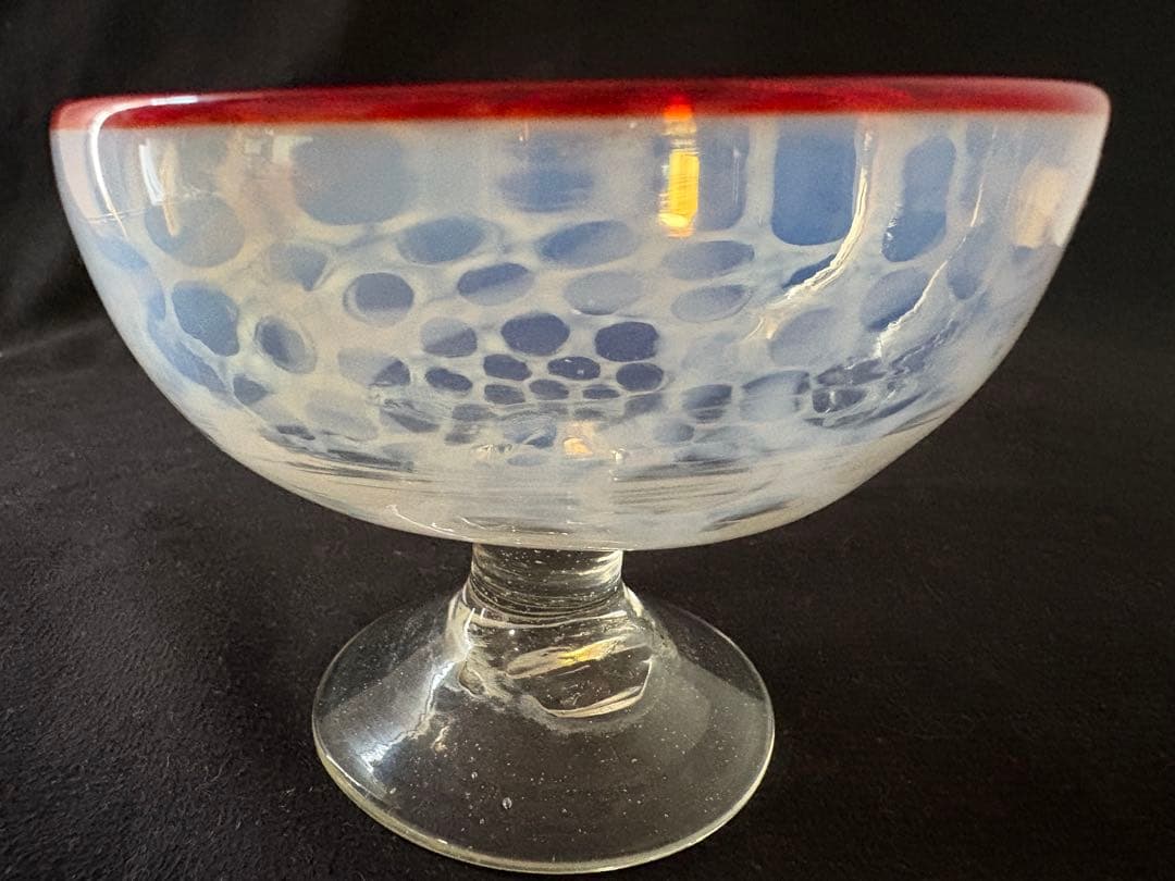 大正ガラス　和ガラス　氷カップ　朱色縁　水玉模様　ドット模様　アンティーク