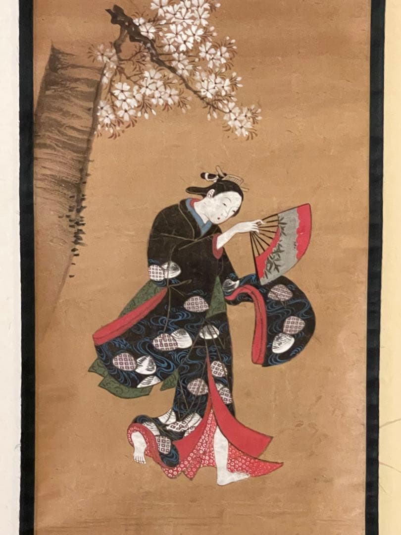 元禄　江戸前期　大津絵　若衆　桜　扇子　踊り 浮世絵　 美人画　時代裂　肉筆画