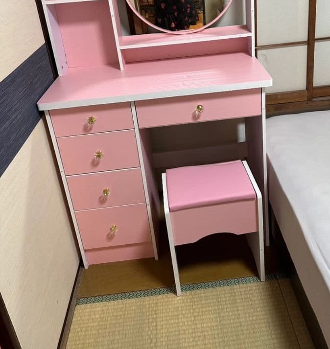 ピンク姫系ドレッサー 幅 80cm 円形ミラー 引き出し 5 杯 スツール付き