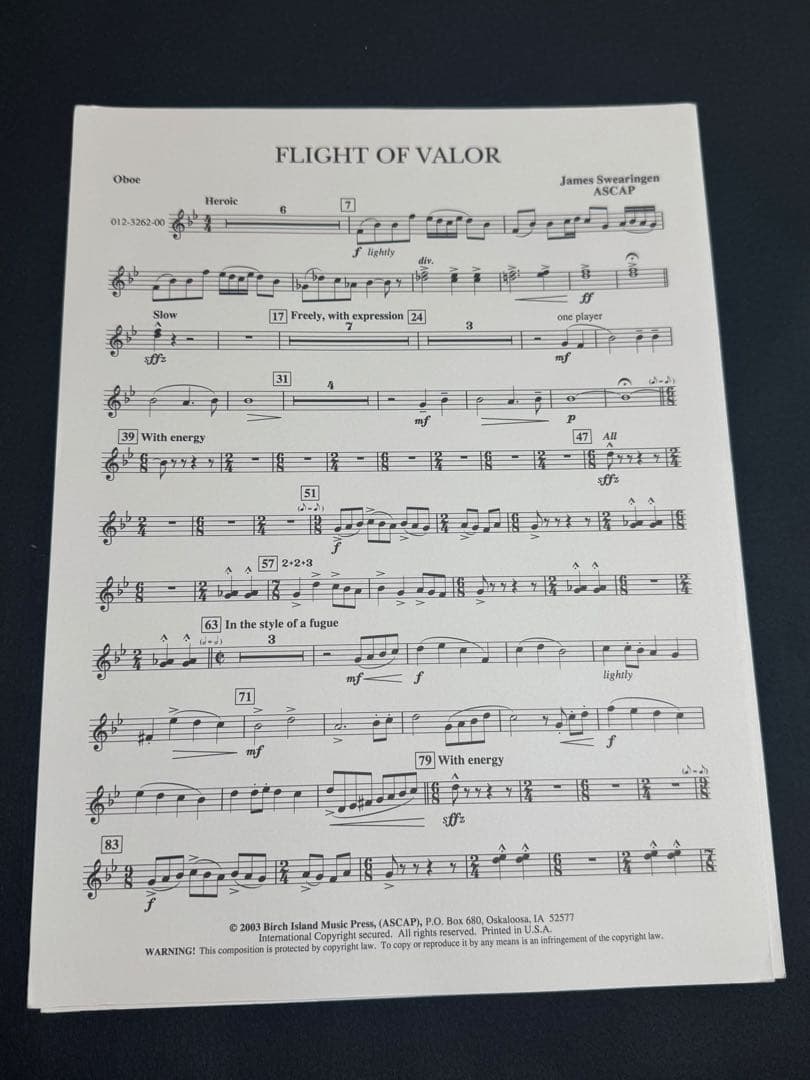 勇敢な飛行ジェイムズ・スウェアリンジェン　Flight of Valor 吹奏楽