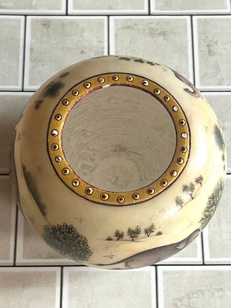 定価25,000円 手描き 象細密図 大理石 小物入 金彩仕上げ マハラジャ様式