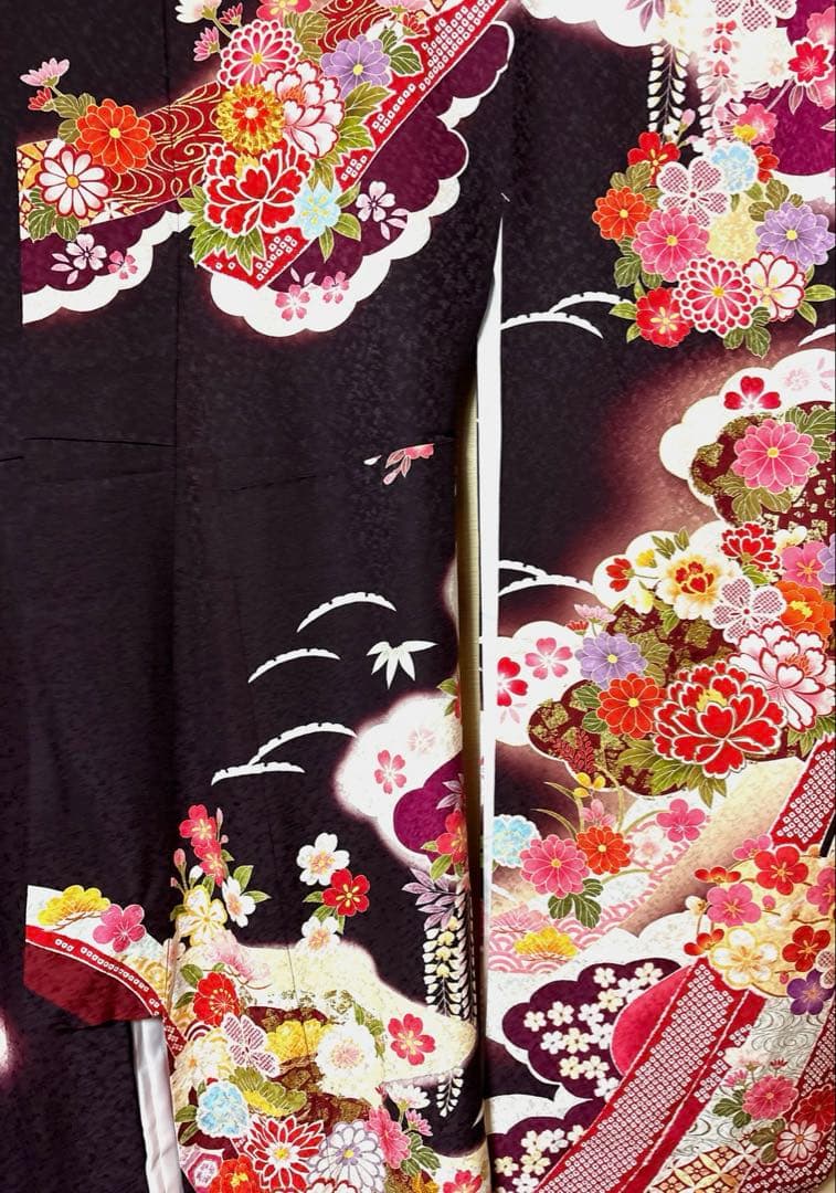 黒鳶色 和花 束ね熨斗 振袖 身丈160
