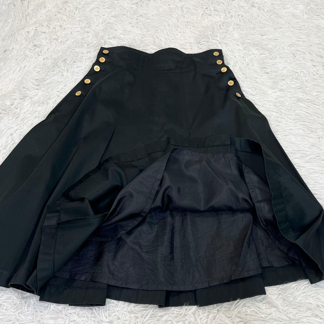 CHANEL サテン　プリーツスカート　金ボタン　ココマーク　ゴールドボタン