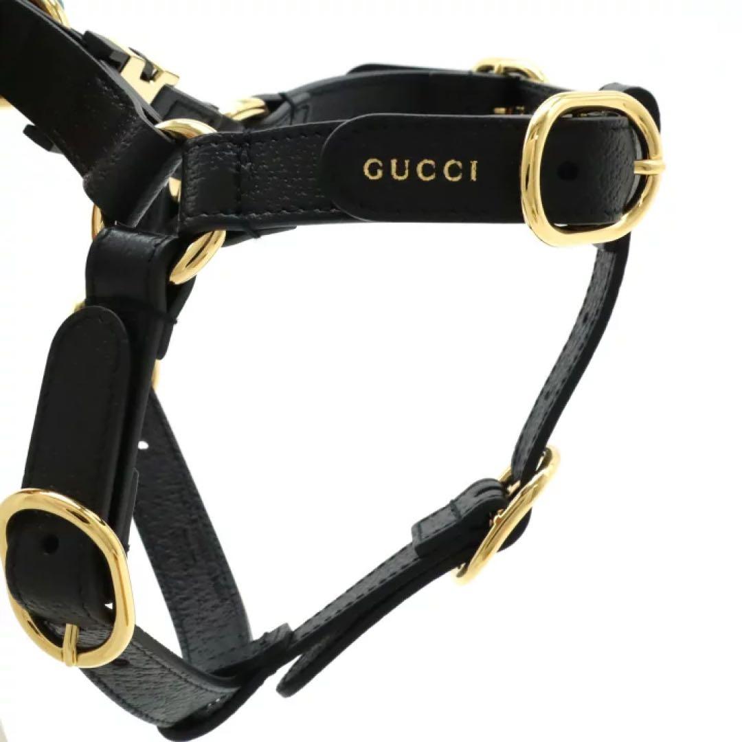 【新品】GUCCI 犬 ハーネス ロゴ入り ペット ブラックレザー ゴールド