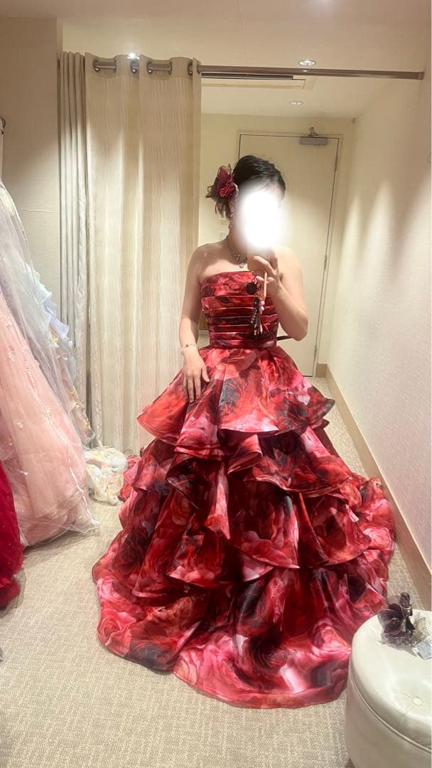 【最終】桂由美　カラードレス　総柄　レッド　赤　薔薇