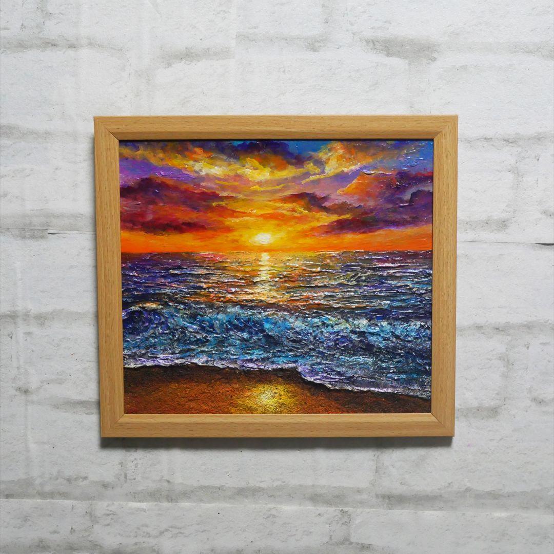 油絵 油彩 油彩画 絵 絵画 【水平線に沈む夕日】
