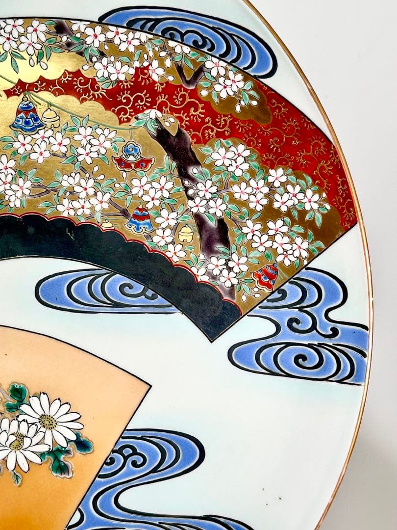 稀少 明治九谷の第一人者 松本佐平 松雲堂 五彩手流水草花文大皿 九谷焼