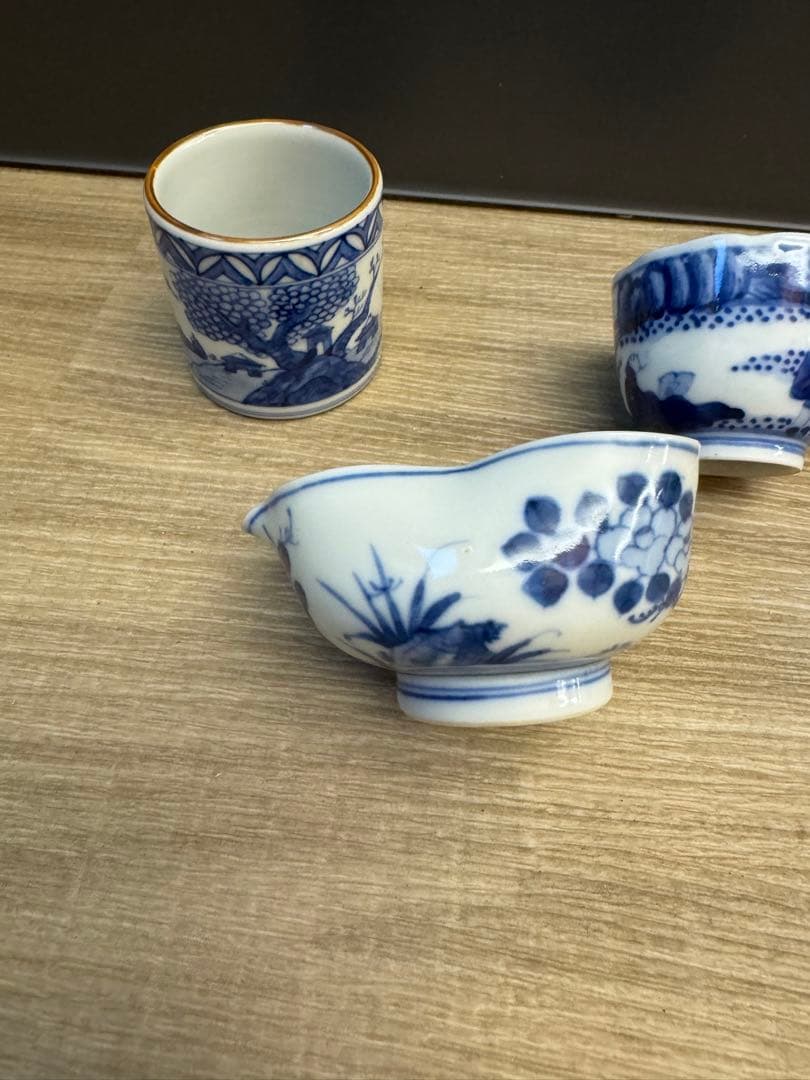 1524 染付青花　湯冷し1  蓋置1  湯呑1