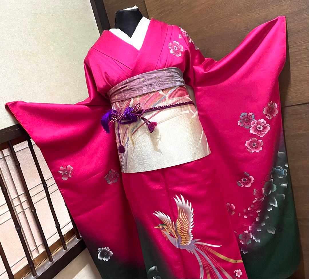 振袖 フルセット6点M〜Ｌ花鳥文　辻が花　暈し染め　金銀彩　正絹