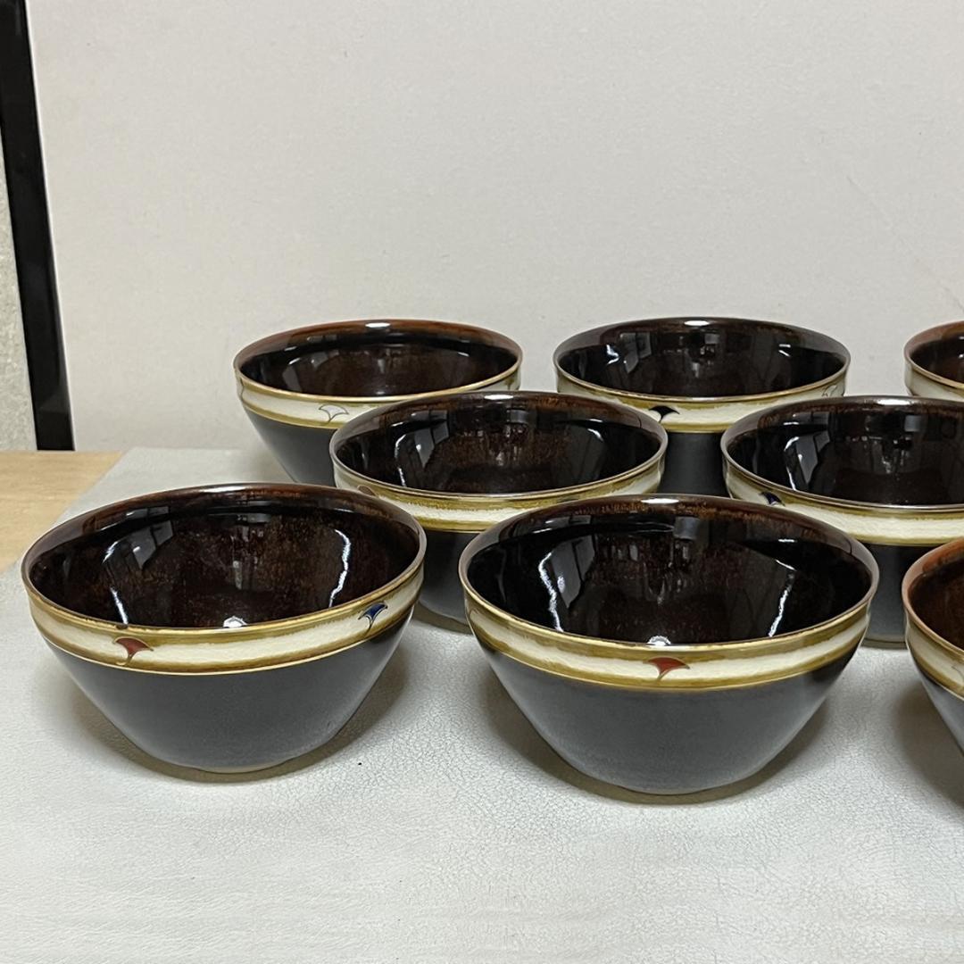 粟田焼 岡田佳山 銀杏画 数茶碗 十客 共箱 抹茶碗 茶道具 【k3468】