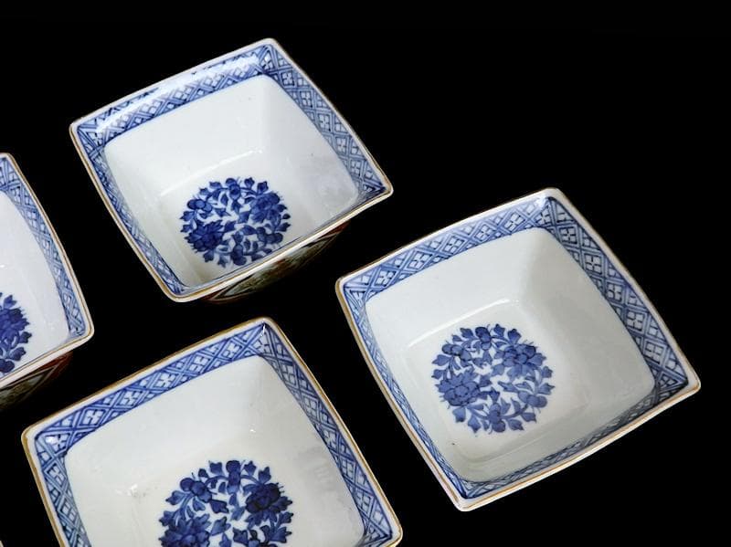 大聖寺伊万里　唐獅子牡丹の図　四方角向付　５客　N1114AS-CZy