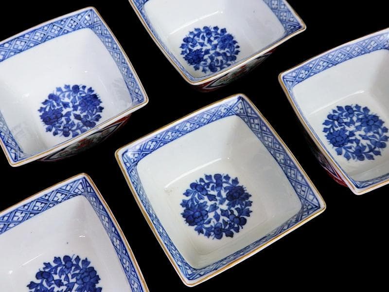 大聖寺伊万里　唐獅子牡丹の図　四方角向付　５客　N1114AS-CZy