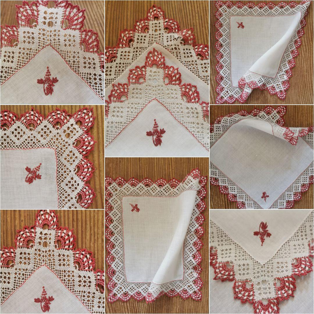 アンティーク ボビンレースフリル装飾 葡萄の花文字赤糸刺繍リネンクロス ハンカチ