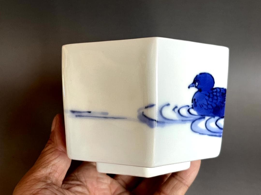 鉢■染付鴨図六角鉢 浮き草 水辺 青華 江戸後期 古美術 時代物 骨董品■