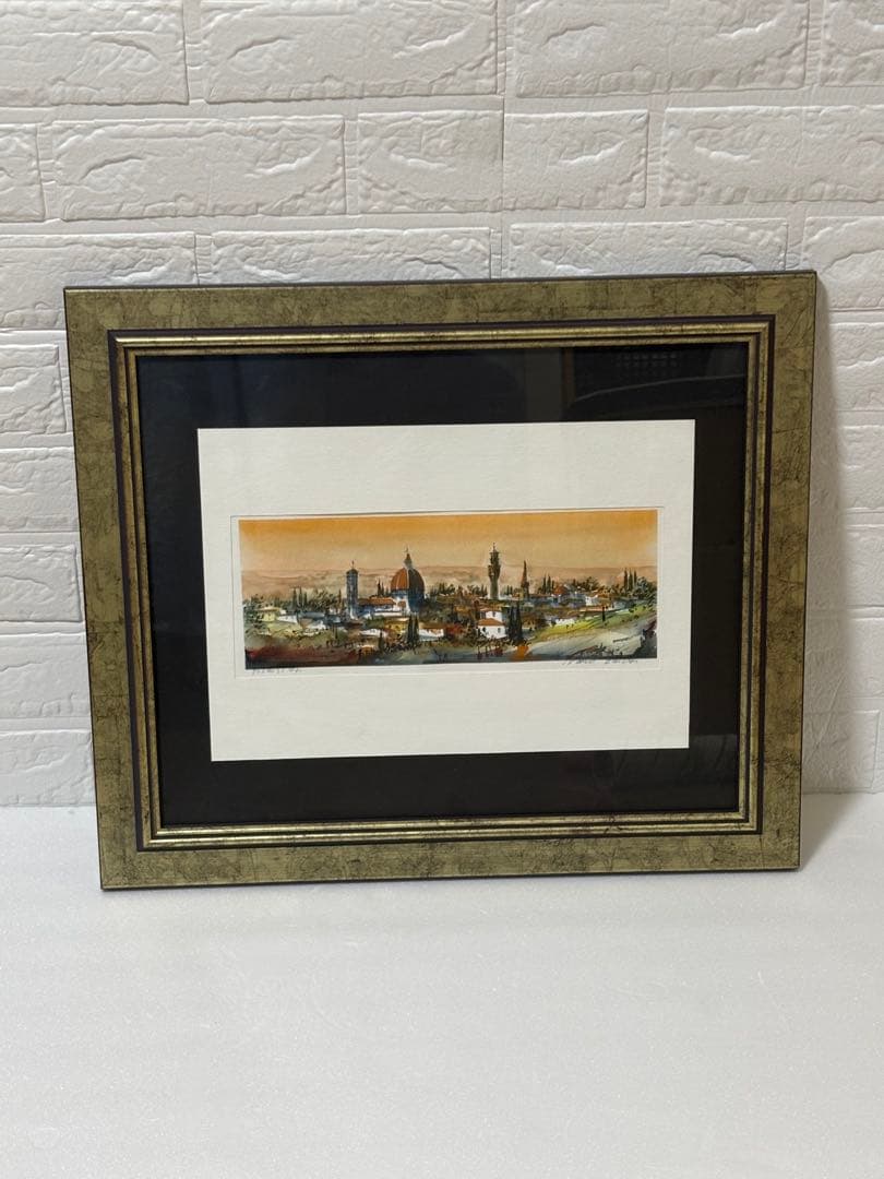 水彩画 イタリアのフィレンツェの街並 サイン入り