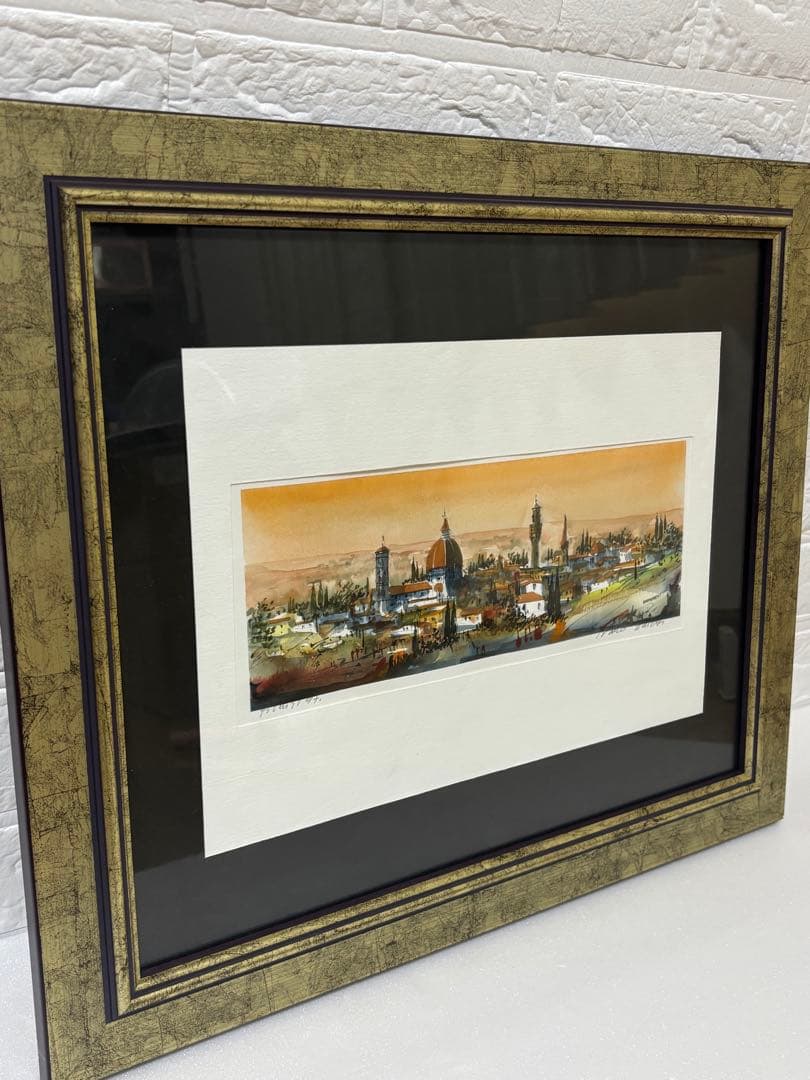 水彩画 イタリアのフィレンツェの街並 サイン入り