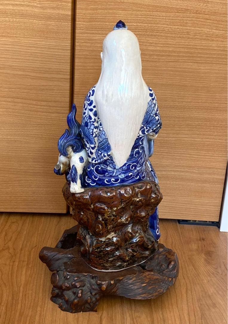 中国美術 職人手作リ陶製青茶獅子觀音像緣起物 榴木台付 高47cm X 23cm