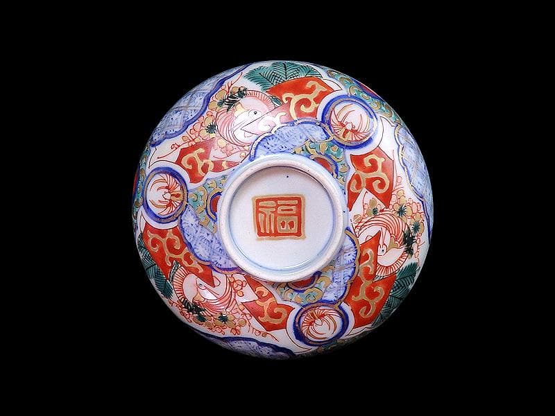 古伊万里　金襴手　若松に梅　舞鶴の図　大振蓋茶碗　２客　E170AS-fbtg