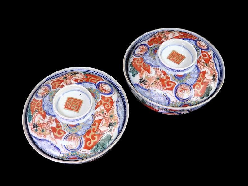 古伊万里　金襴手　若松に梅　舞鶴の図　大振蓋茶碗　２客　E170AS-fbtg