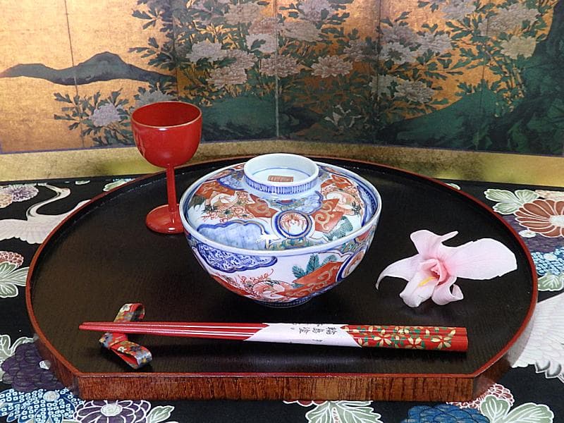 古伊万里　金襴手　若松に梅　舞鶴の図　大振蓋茶碗　２客　E170AS-fbtg