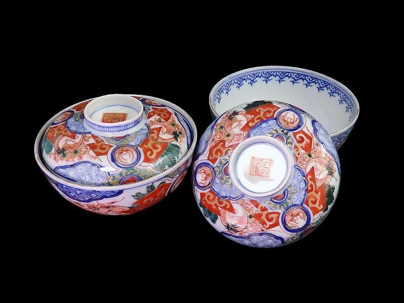 古伊万里　金襴手　若松に梅　舞鶴の図　大振蓋茶碗　２客　E170AS-fbtg