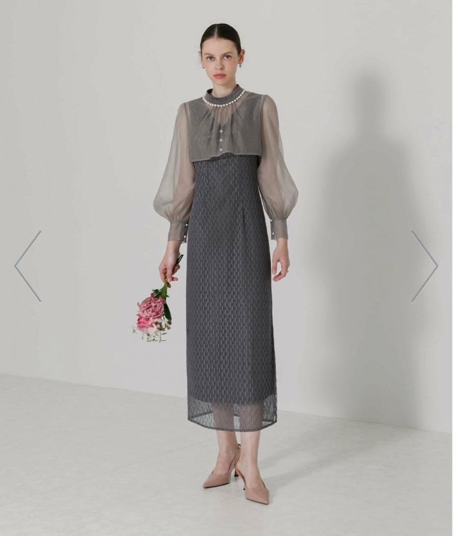 Leja 長袖パールネックボレロ格子レースワンピースドレス