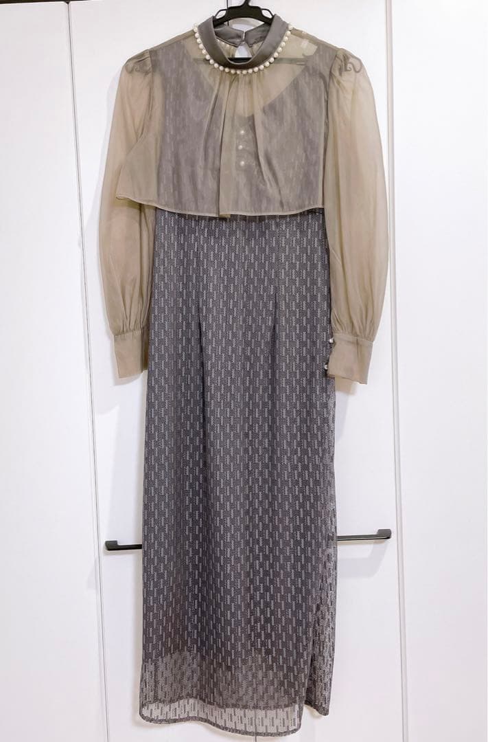 Leja 長袖パールネックボレロ格子レースワンピースドレス