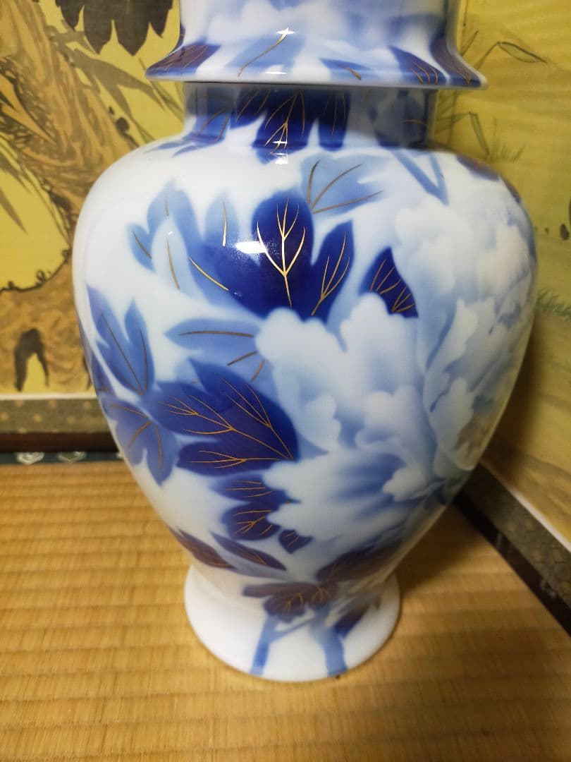 深川製磁　染付金彩牡丹図　冠付飾壷　花瓶　花生け　古美術　時代物