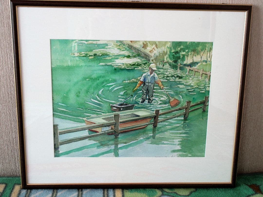 水彩画「池の雑草取り」