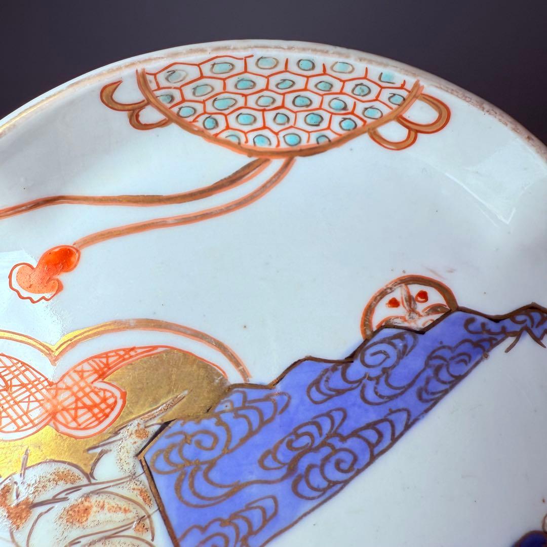 幕末～明治期　角冨　色絵扇絵変形皿　五客　裏千鳥文　金襴手　古器を楽しむ