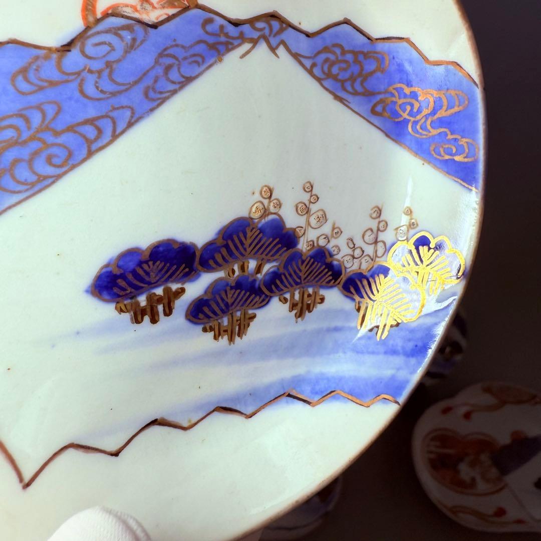 幕末～明治期　角冨　色絵扇絵変形皿　五客　裏千鳥文　金襴手　古器を楽しむ