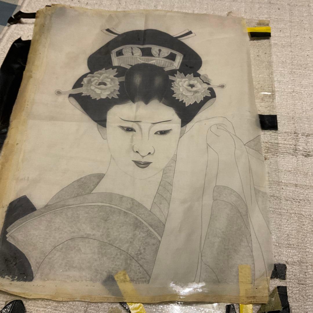 布絵　日本髪女性　【テープ痕、破れあり、折れあり】