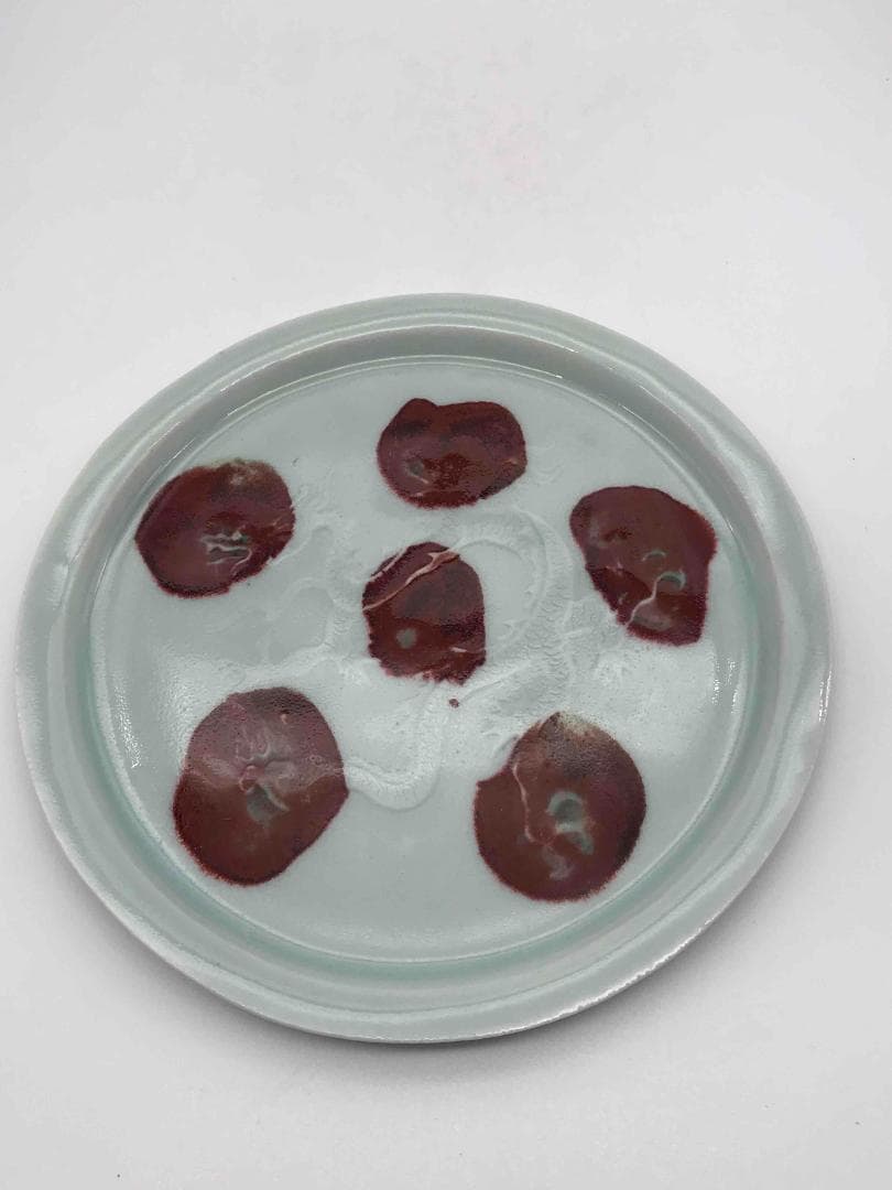 元時代　白釉釉裏紅飛斑暗刻龍紋盤　古盤　皿　唐物　古賞物　(D-43)