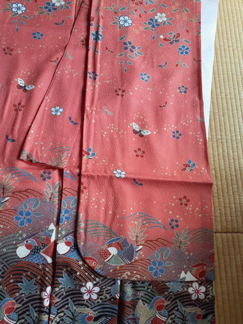 正統派 古典柄 振袖 朱赤 波文様 花鳥 身丈160 裄66