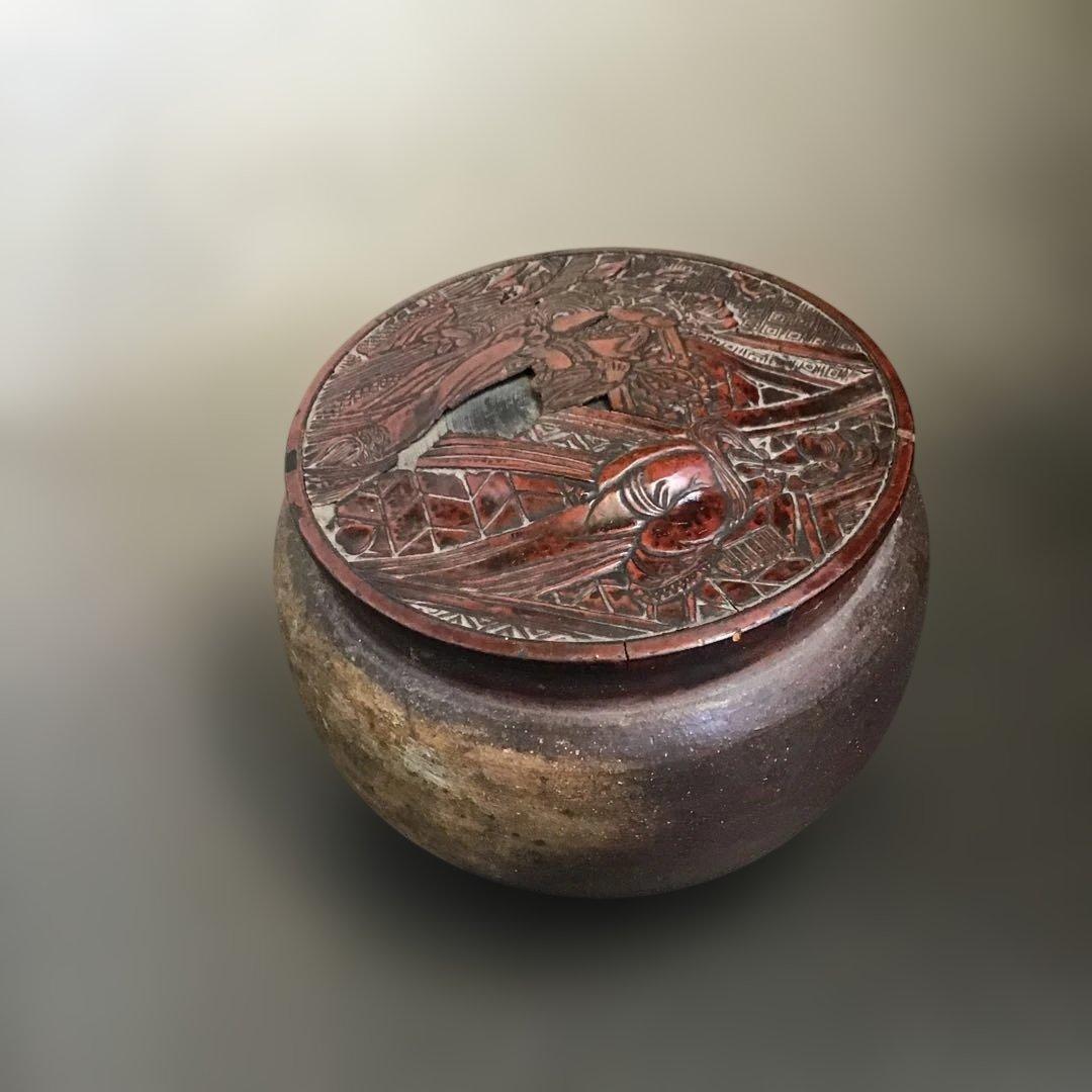 木製漆塗り彫刻蓋付き陶器　古常滑焼　茶道具　水指　骨董品　アンティーク