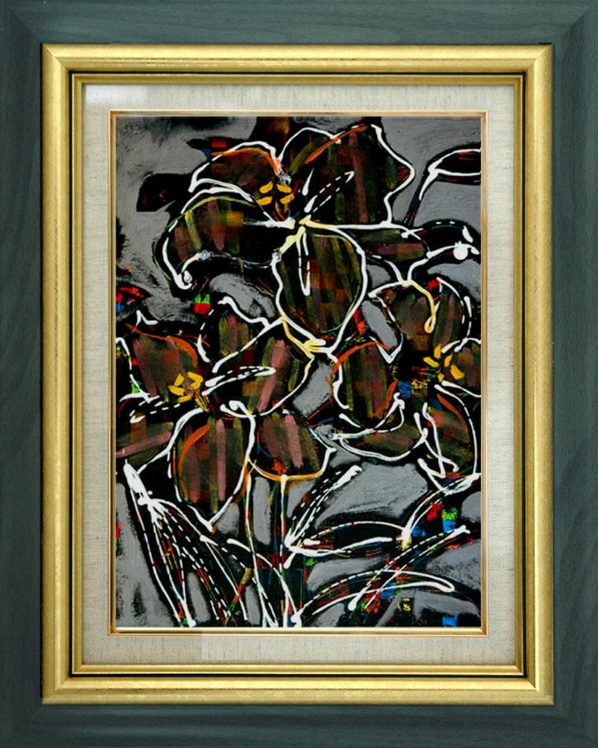 油絵 菅家令子 絵画インテリア額付(青緑＋金色の枠) F4-090416 花ゆり