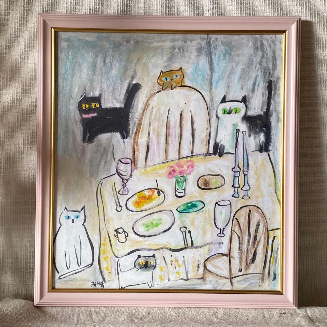 絵画 。壁掛け絵手描き【夕食の前、かわいい猫たち】