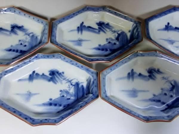 皿■古い染付菱形皿 5枚 山郷山水船図 変皿 明治期 時代物 骨董品 珍品■