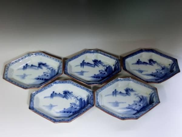 皿■古い染付菱形皿 5枚 山郷山水船図 変皿 明治期 時代物 骨董品 珍品■