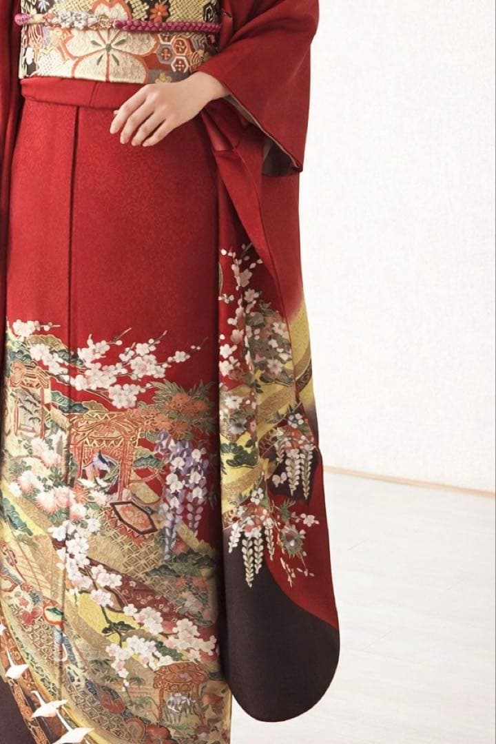 振袖赤地 藤花 風景 古典柄 金彩 晴れ着ガード