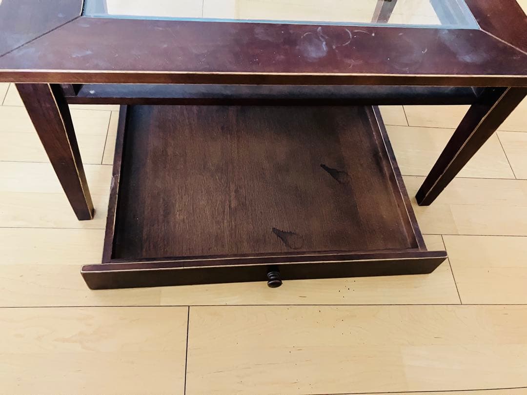 木製引き出し付き座卓 ガラス天板 約90cm x 60cm