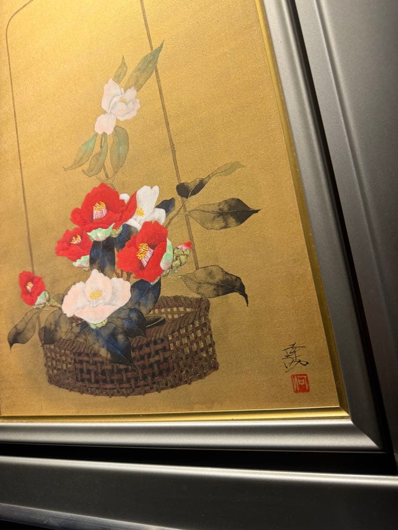 河出幸之助【椿】　肉筆日本画　直筆サインあり