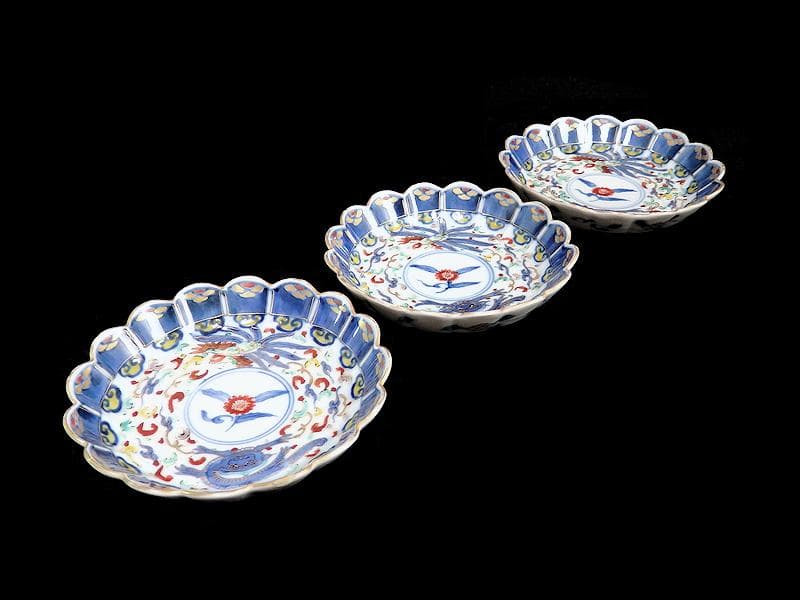 大聖寺伊万里　金襴手　鳳凰に雲龍の図　輪花４寸皿　３枚　E343AS-CBr