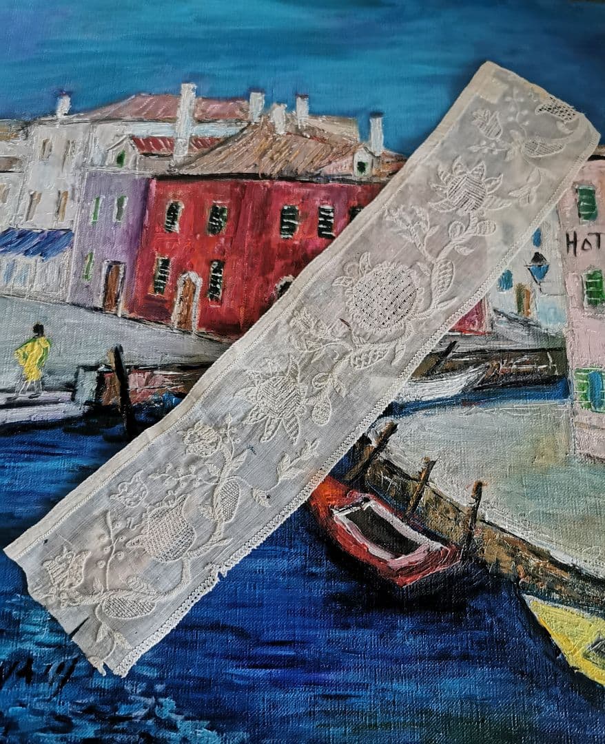 アンティーク ドレスデン or ブラーノレース 向日葵刺繍 上質リネン 美術館級