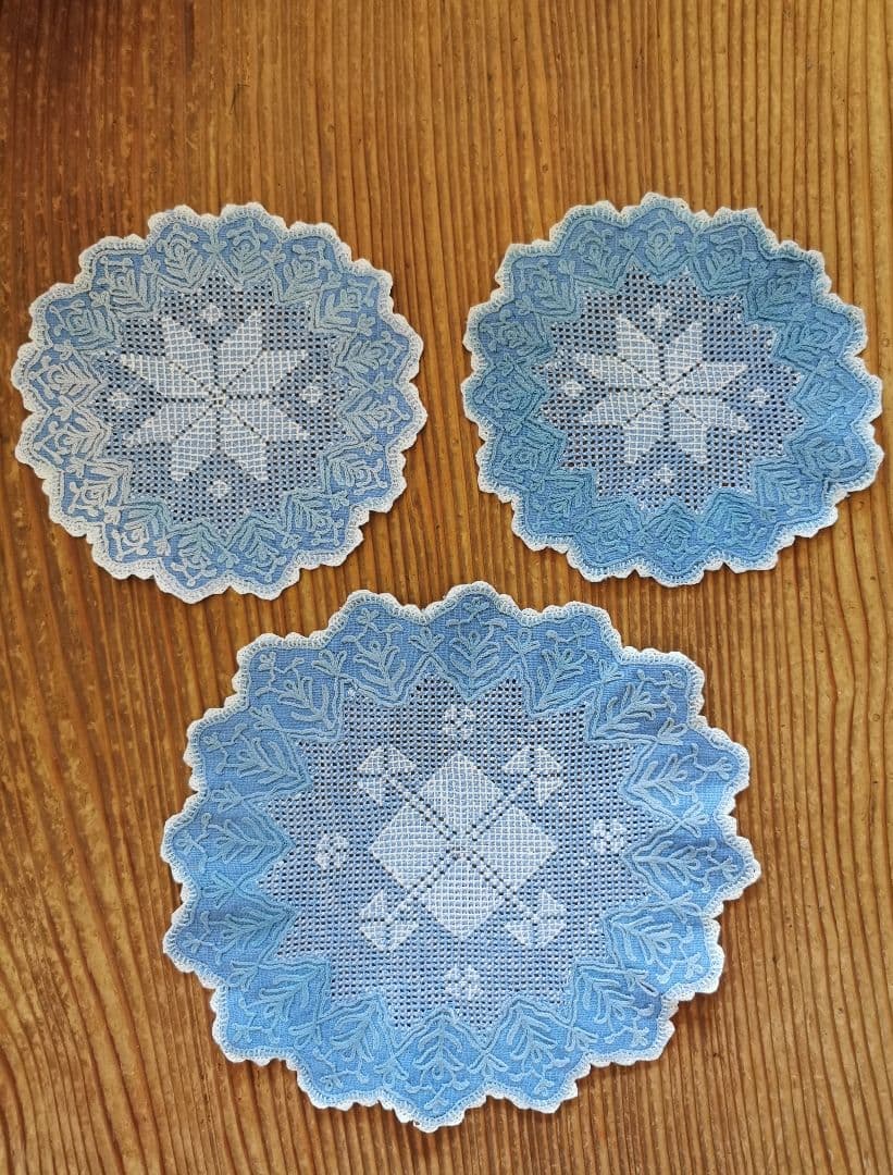 アンティークイタリア インディゴ染 ブラッドレーススカラップドイリー ３枚セット