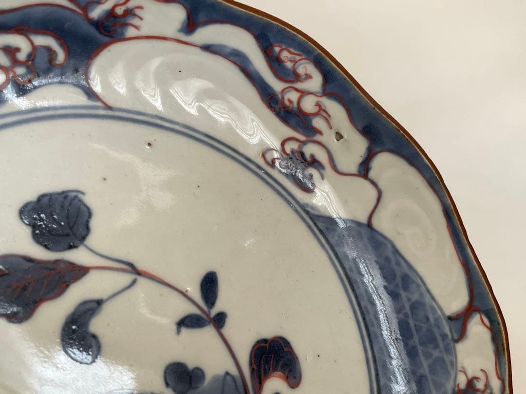 骨董　アンティーク　藍九谷　古九谷金銀彩　輪花　七寸皿　牡丹　蛇籠　水車