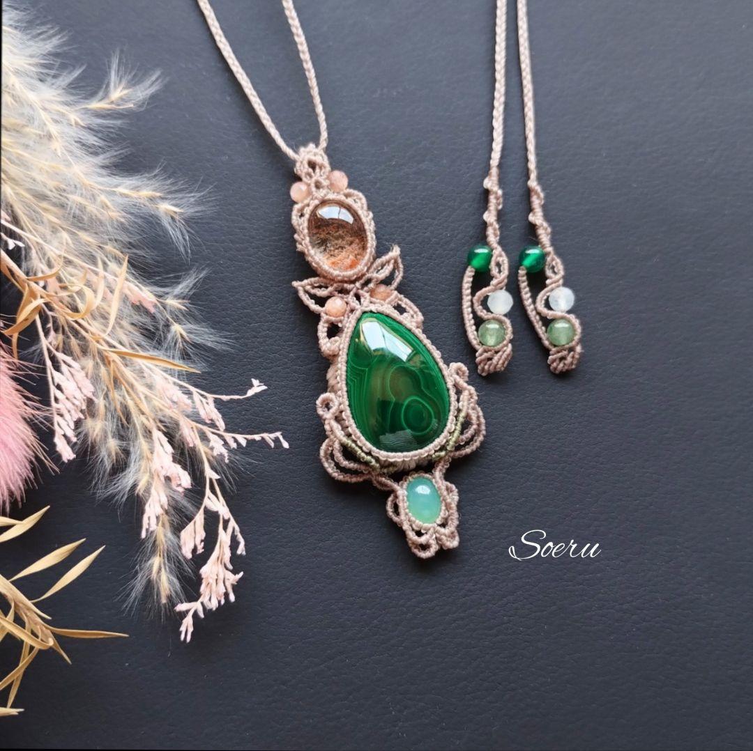 【ちーさん】マラカイト＆ガーデンクォーツのマクラメ編みネックレス他　天然石